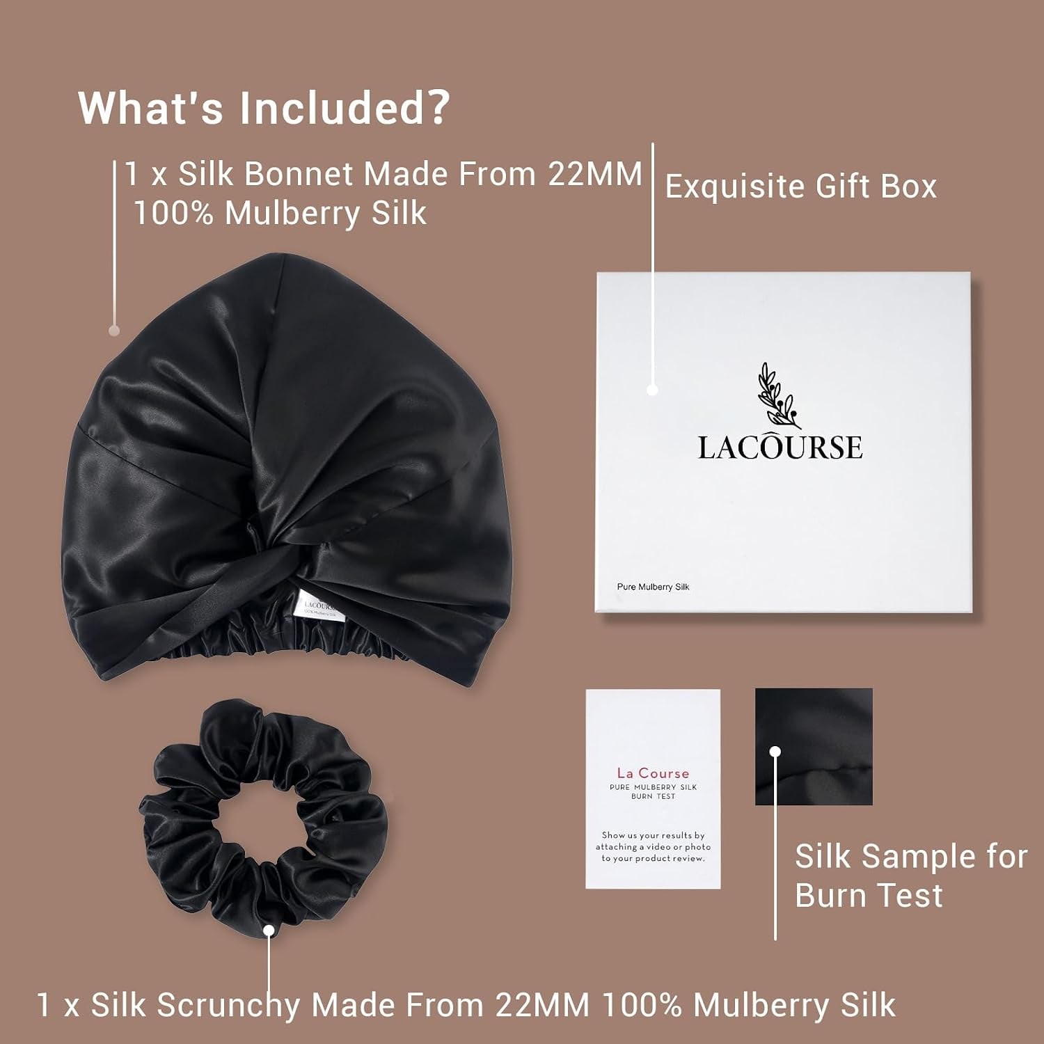Black 22 Momme Double Layer Mulberry Silk Bonnet with Scrunchie, detail view