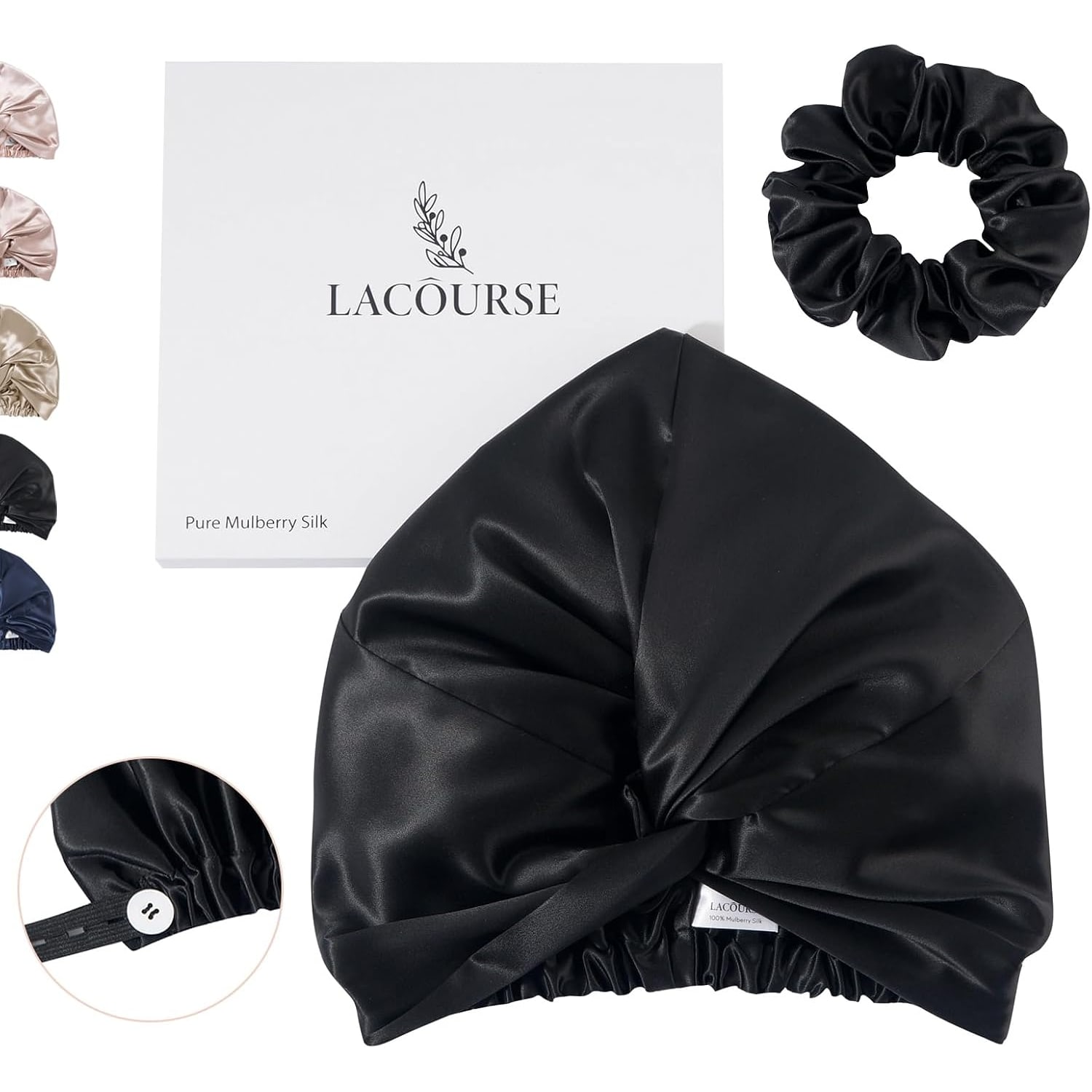 Black 22 Momme Double Layer Mulberry Silk Bonnet with Scrunchie