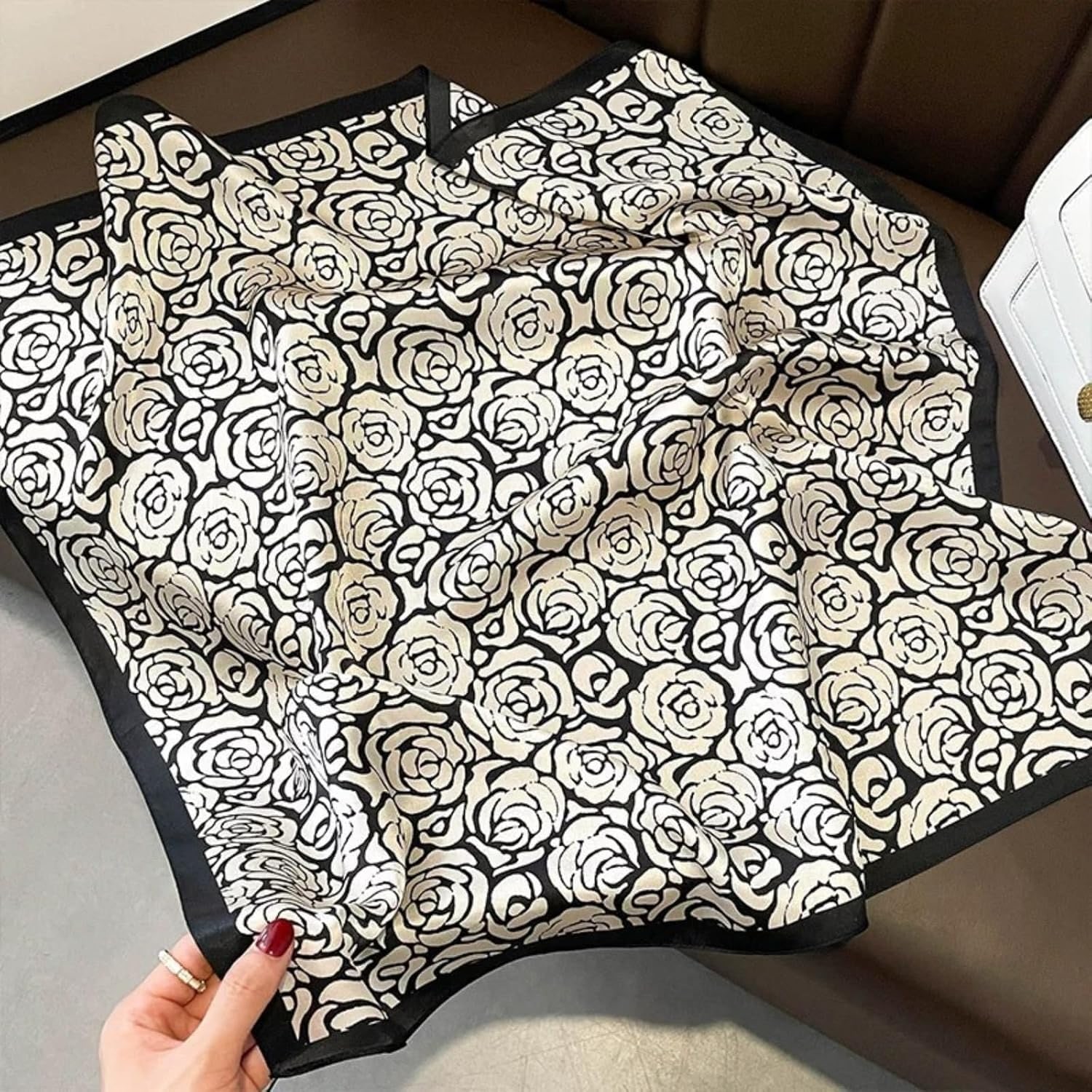 Black and Cream Rose Print Silk Scarf 66cm