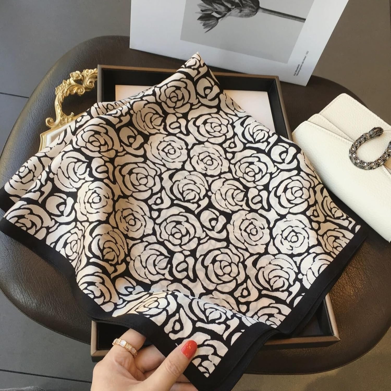 Black and Cream Rose Print Silk Scarf 66cm