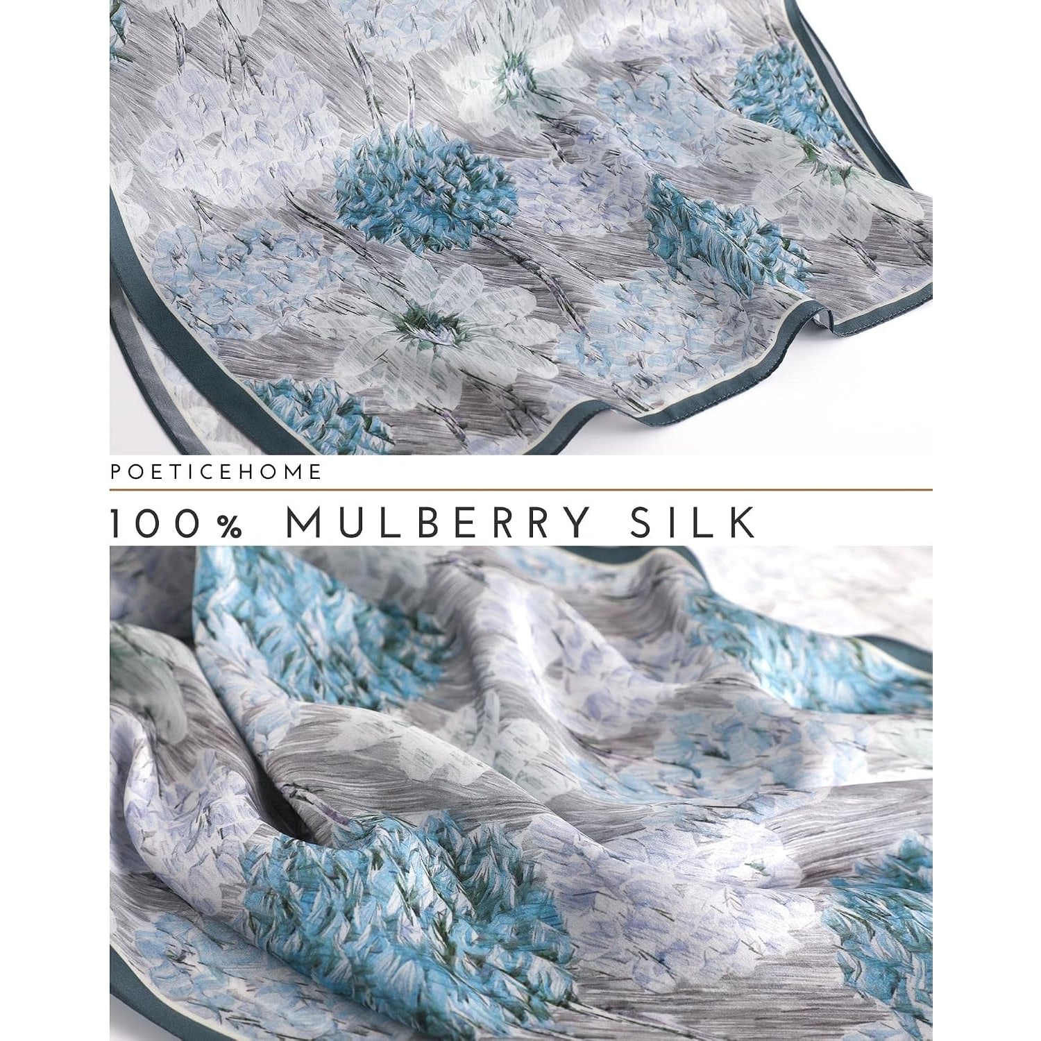 Hydrangea Print Long Silk Scarf 173 x 53 cm