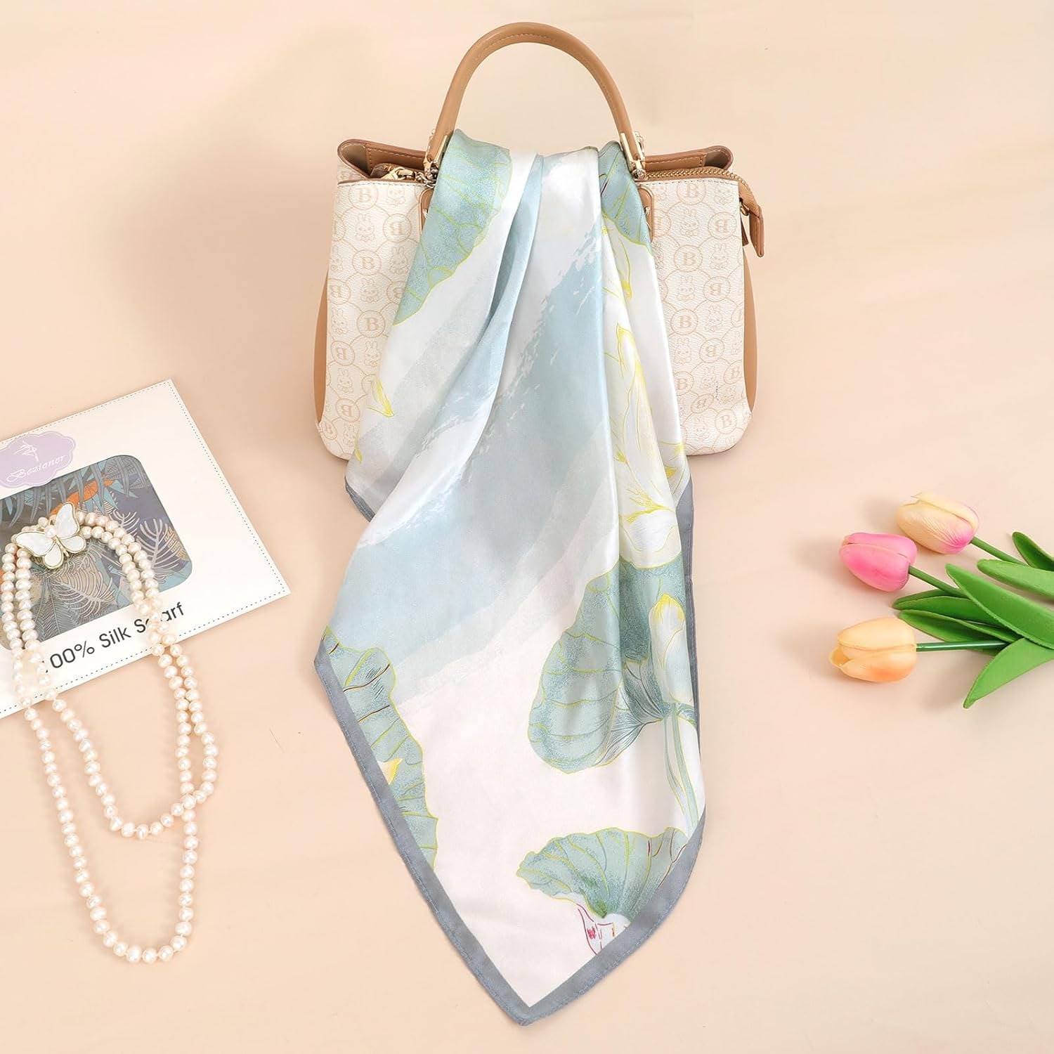 Light Blue Floral Mulberry Silk Head Scarf 68 x 68 cm