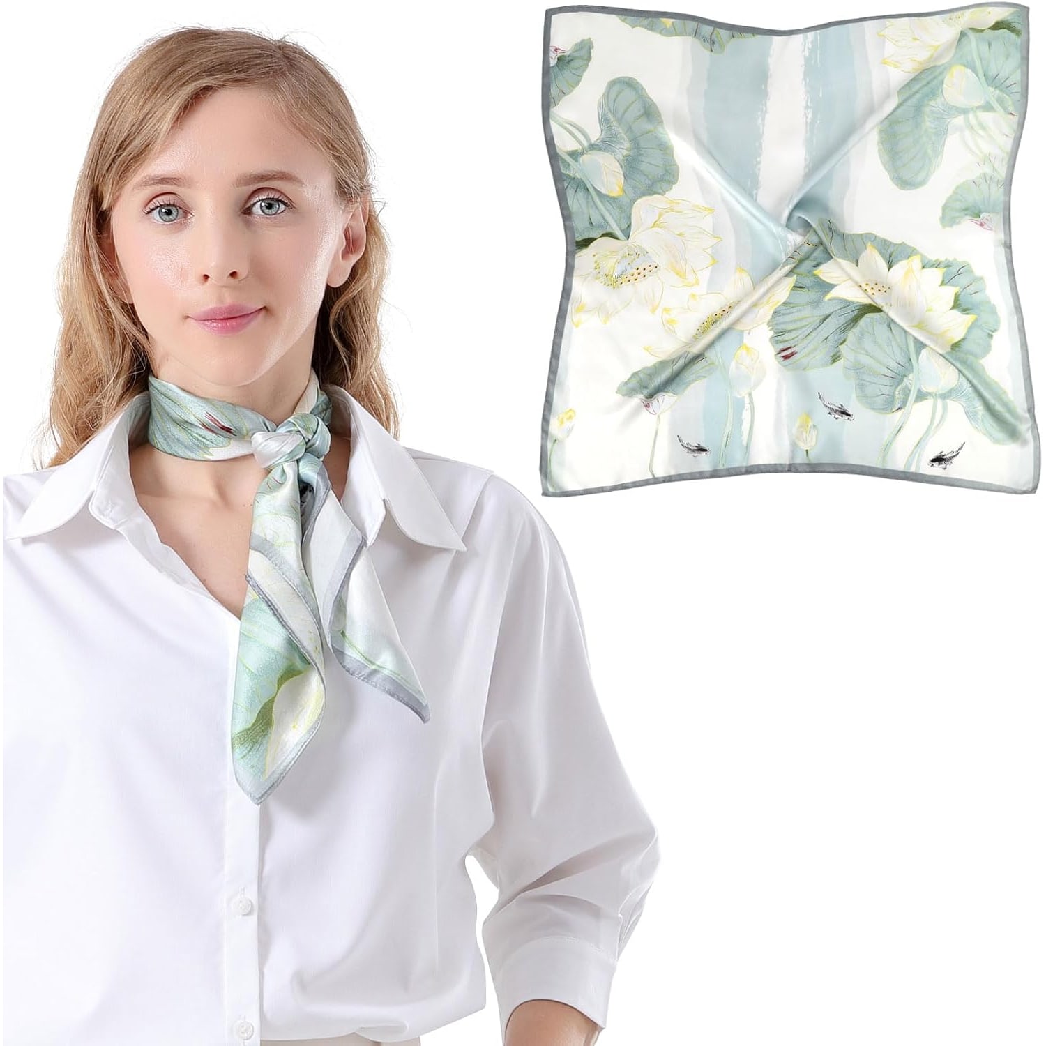 Light Blue Floral Mulberry Silk Head Scarf 68 x 68 cm