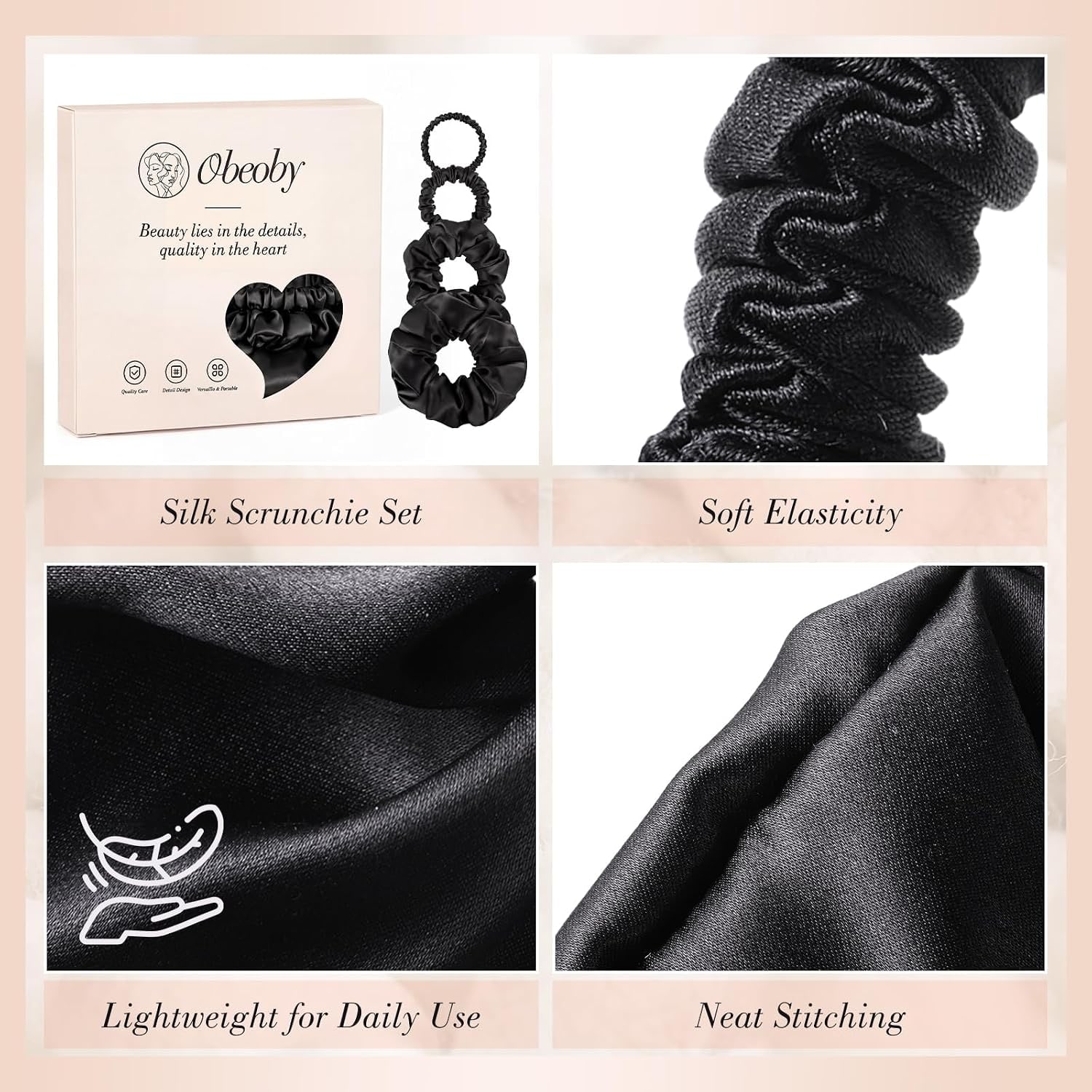 Black Mulberry Silk Hair Ties, 4 Pack