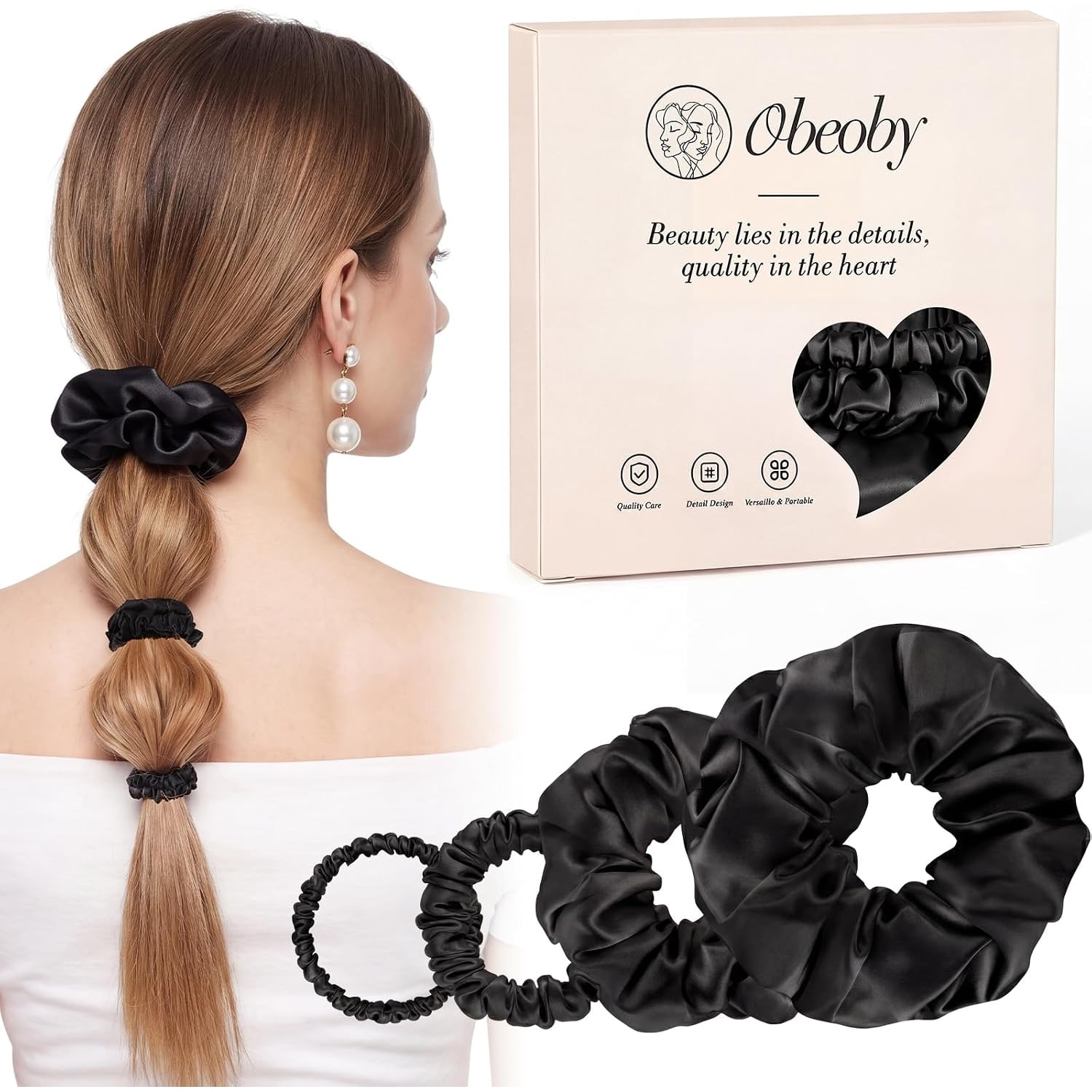 Black Mulberry Silk Hair Ties, 4 Pack