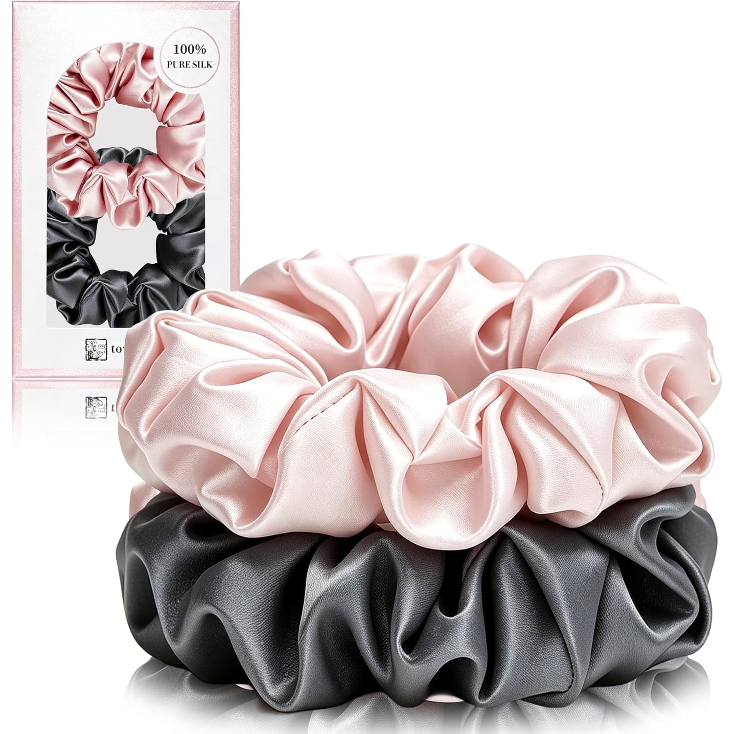 Large 22 Momme Silk Scrunchies, 2 Pack in Dark Grey and Pink