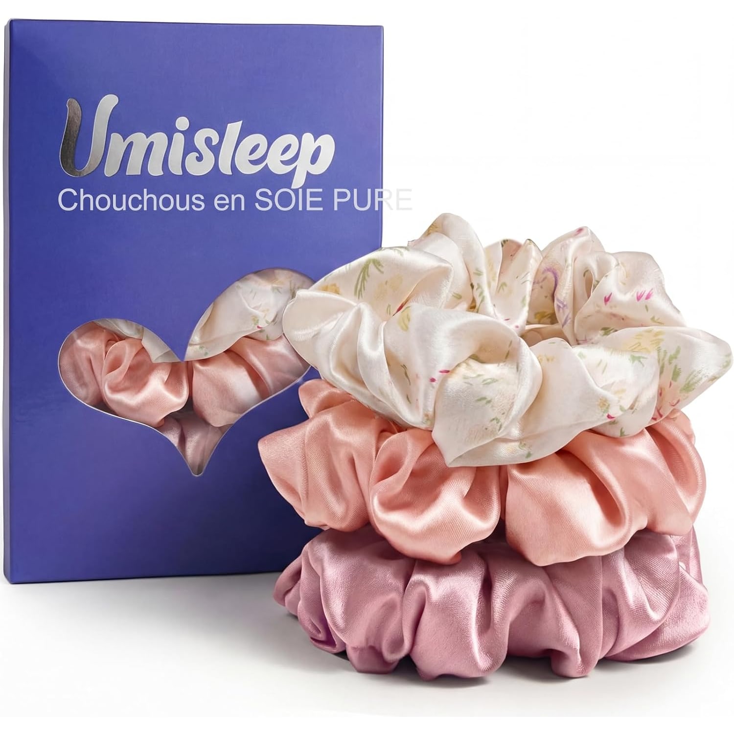 Silk Scrunchies Set of 3, Cream Print, Pink and Dusty Rose