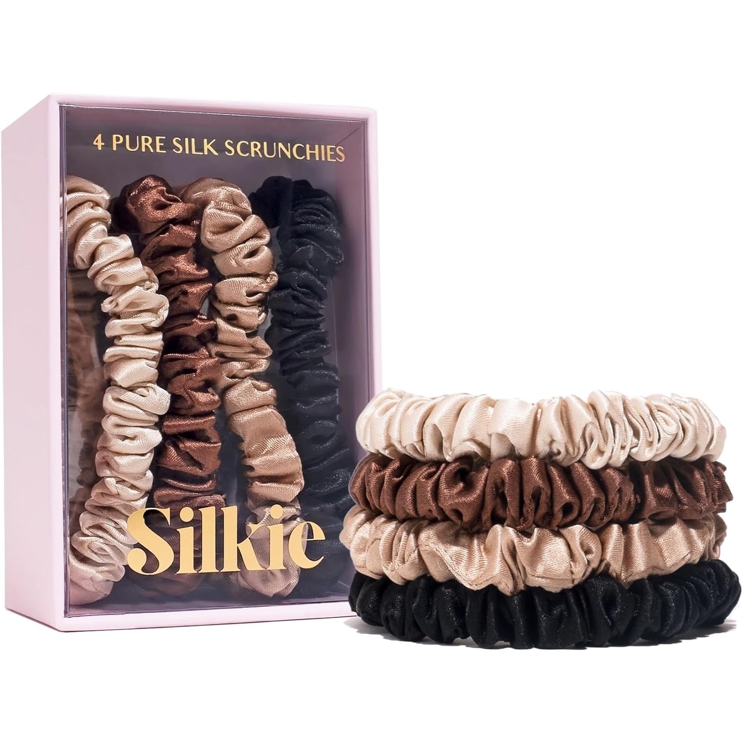 Skinny Mulberry Silk Scrunchies, 4 Pack in Beige, Brown, Taupe and Black